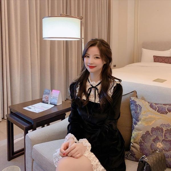 

s xl new autumn dress girls female vintage long sleeve women dresses robe vestido velvet black christmas party dress evening, Black;gray