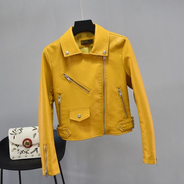 

2021 new autumn women streetwear rivet green faux leather jacket female down collar biker black short coat spmk