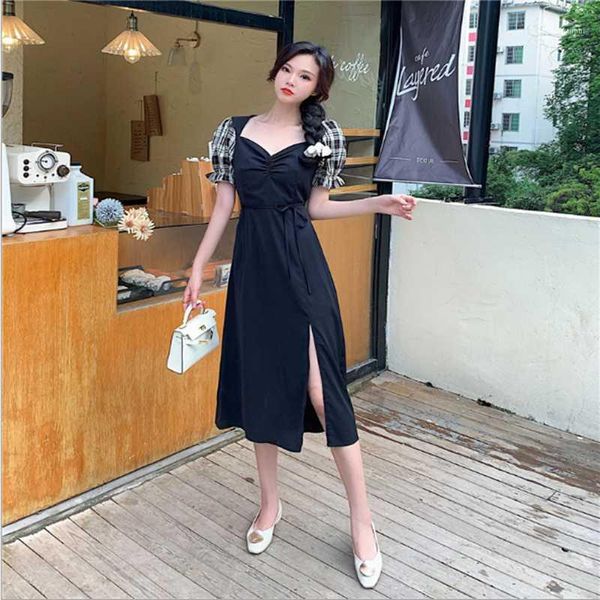 

female black square collar patchwork split dress pleated belt v-neck lantern plaid sleeve long robe vestido summer big size1, Black;gray