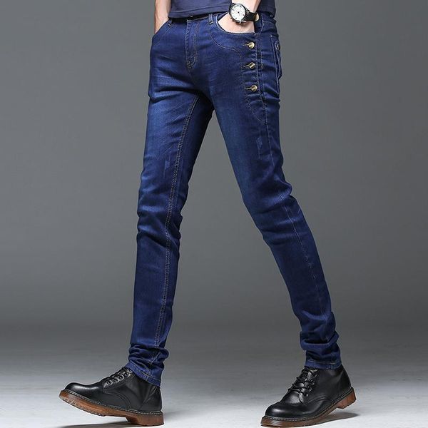 

мужчины эластичные джинсы denim карандаш брюки прямые тонкий мужчины марка высокого качества брюки повседневные джинсы высокого качества, Blue