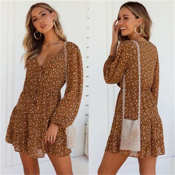 

2020 new fall / long winter sleeve lace up print dress, White