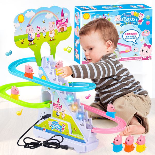 

electric stair climbing pig electric music track assembly slide toy children parent child interaction little game