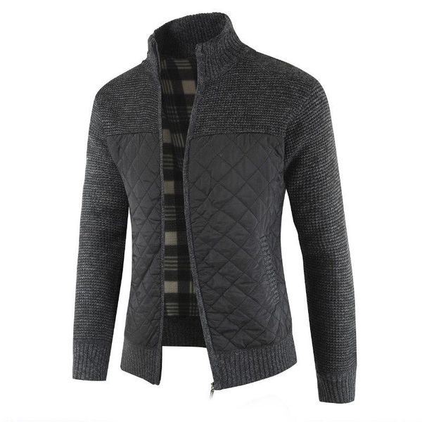

winter men's warm standing collar jacket stitched rhombic pattern fashion zipper cardigan men's casual suit mens cloths, White;black