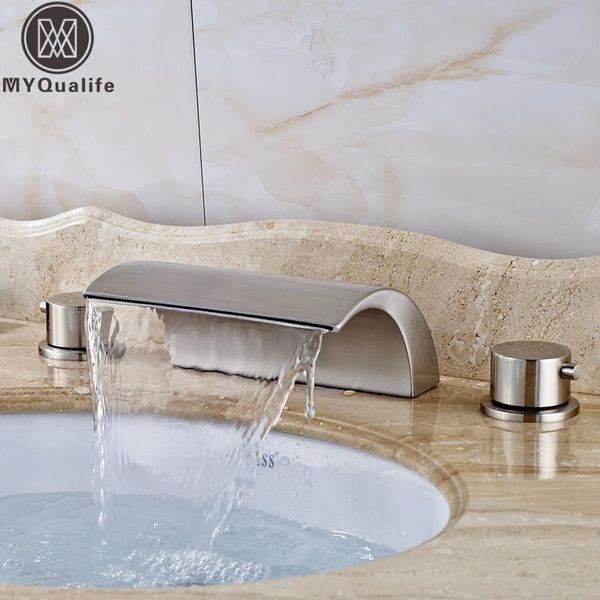 

modern brushed nickel waterfall basin mixer faucet dual round knob deck mounted widespread washing sink mixer taps