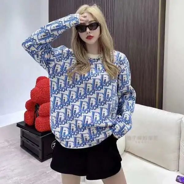 

2020 new fashion women letter knitted sweater in autumn winter custom jacquard knitting machine enlarged detail crew neck cotton, White;black