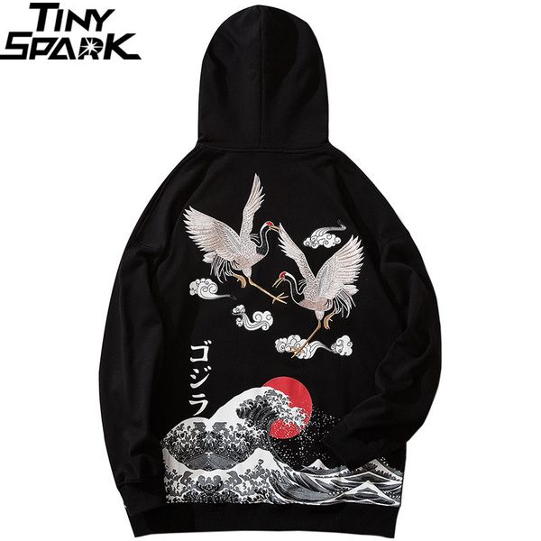 

hip hop hoodie sweatshirt men streetwear harajuku japanese kanji crane embroidery hoodies pullover oversized cotton autumn kg-365, Black