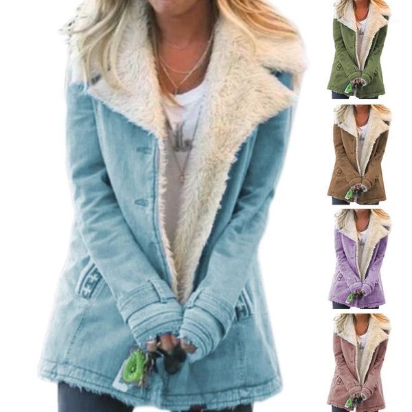 

women long sleeve faux denim jacket lapel button down thicken plush lined coat1, Black;brown