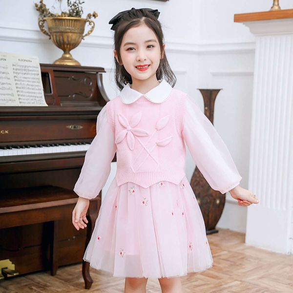 

girls 2020 spring and autumn new pullover woolen drs little girl baby princs skirt two piece suit, Red;yellow