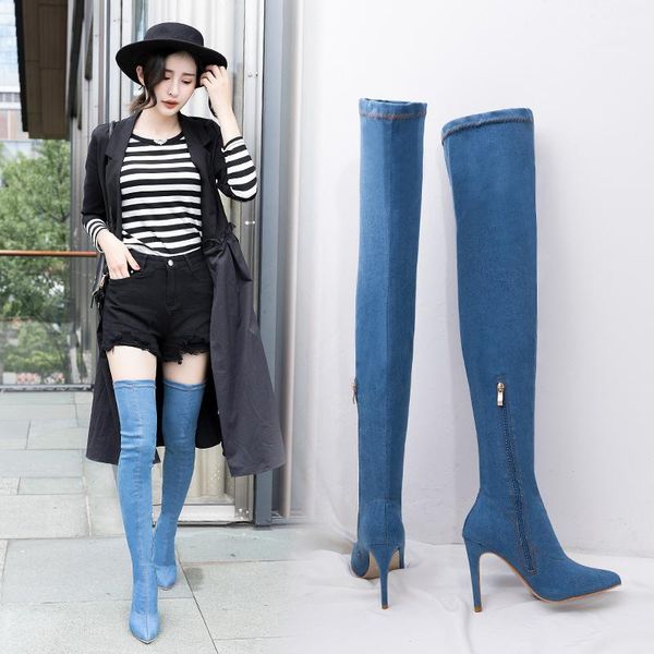 

2020 fashion women boots high heels spring autumn over the knee boots tight high stiletto jeans denim rome long shoes size 42, Black