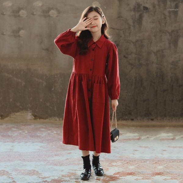 

girl's dresses 2021 fall children christmas clothes kid cotton dress retro procket girls midi long mommy and me clothes, #91121, Red;yellow