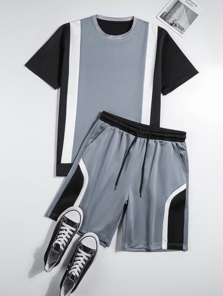 

men colorblock tee & drawstring waist shorts k44y#, Gray