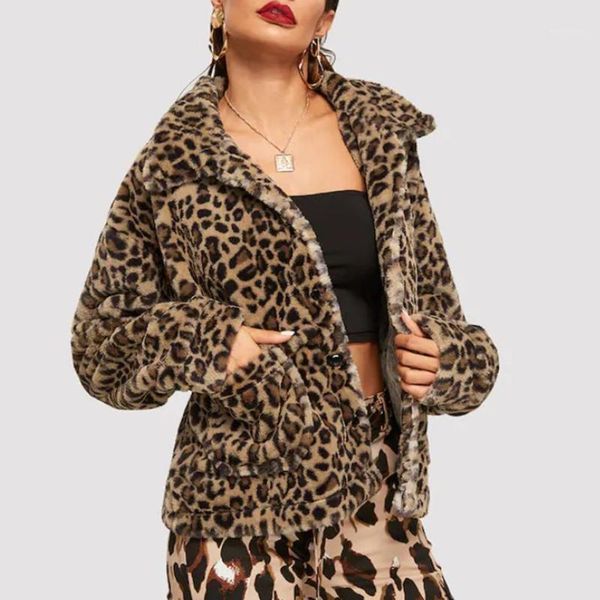 

2020 women faux fur coat streetwear autumn winter warm plush teddy coat long leopard print luxury fake fur jacket coat#g301, Black