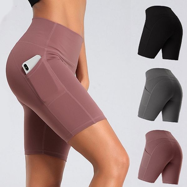 

women gym shorts high waist tight cycling sports leggings with phone pocket jogging running fitness short pant, White;black