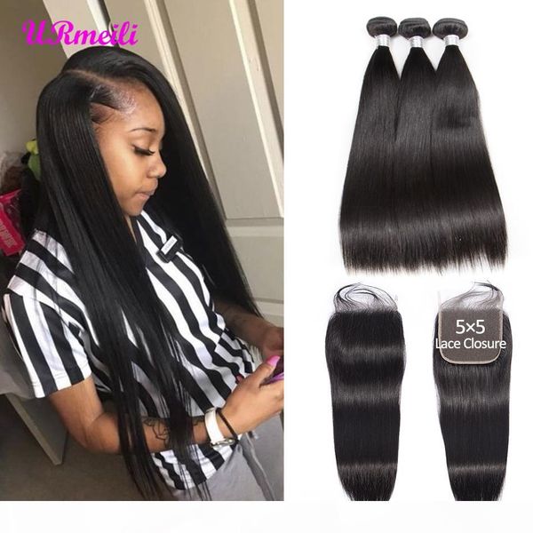 

indian straight hair bundles with closure raw virgin indian hair weave 3 bundles with 5x5 lace closure human hair bundles with closure, Black;brown