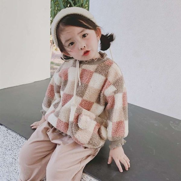 

autumn plush sweater winter 2020 new girls' korean plaid children's warm and thickened pullover, Black