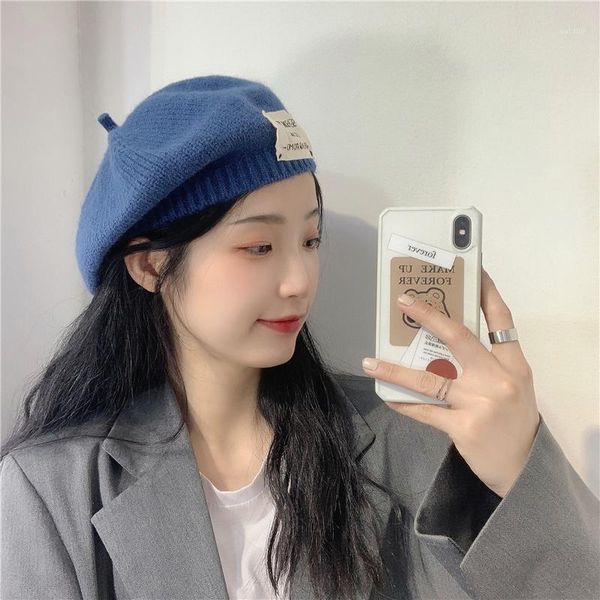 

korean patch knitted beret women autumn winter all-match retro art painter hat elegant sweet octagonal walk hat berets lolita1, Blue;gray