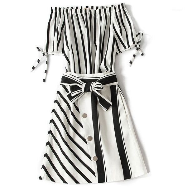 

amolapha women off shoulder slash neck striped blouse+irregular single-breasted sashes skirts 2pcs clothing sets1, White