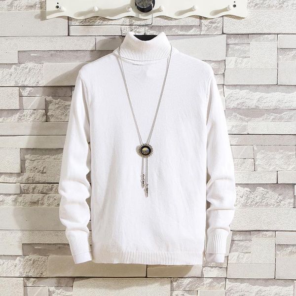 

men white turtleneck sweater 2020 autumn winter solid color casual sweater men's slim fit knitted high street hip hop pullovers1, White;black