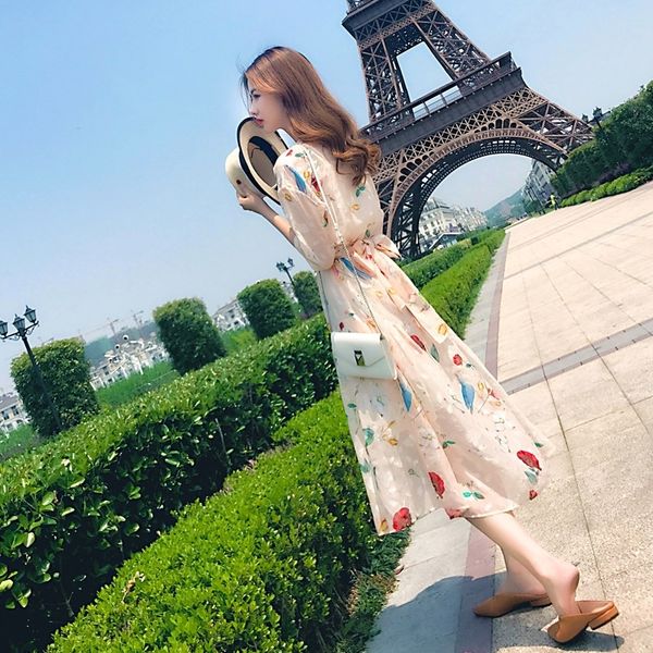 

etpml талия лето новый элегантный 2020 похудение цветочного шифон платье французского платье супер фея mori fhvtk, Black;gray