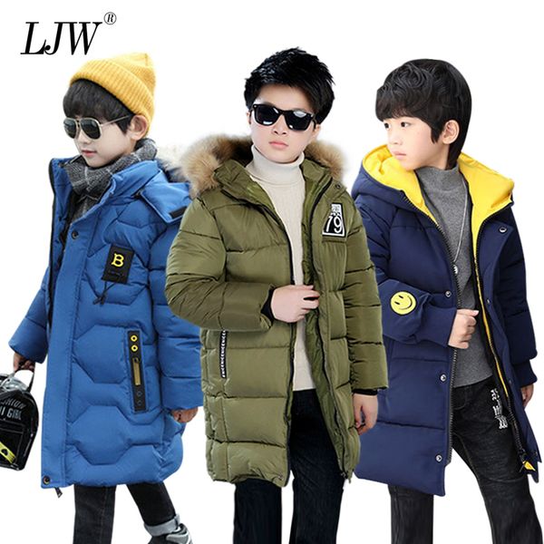 

boy thick warm down jacket fur collar long overcoat cotton boy's clothes kids hooded jacket for boys coat winter children's jack l, Blue;gray