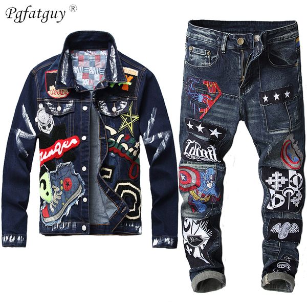 

2020 autumn men's jeans sets beauty badge paint denim jacket + embroidery captain badge stitching stretch jeans male 2 piece set 1022, Gray