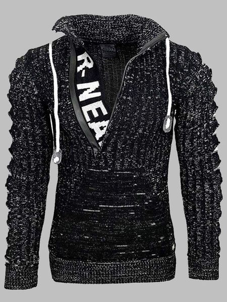 

fashion men knitted sweater loose popular stand collar pullover long sleeve hole design hiphop letter jacket casual male clothes, White;black