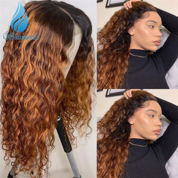 

lace wigs ombre blonde front human hair wig with baby 180 density brazilian remy kinky curly glueless, Black;brown