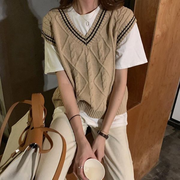 

2 colors 2020 korean preppy style v-neck color patchwork v neck vest sweaters womens knitted sweaters (c9296, Black;white