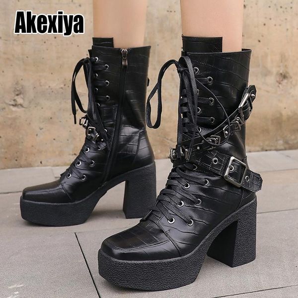 

boots motorcycle genuine leather mid-calf women fashion black thick sole platform shoes w110