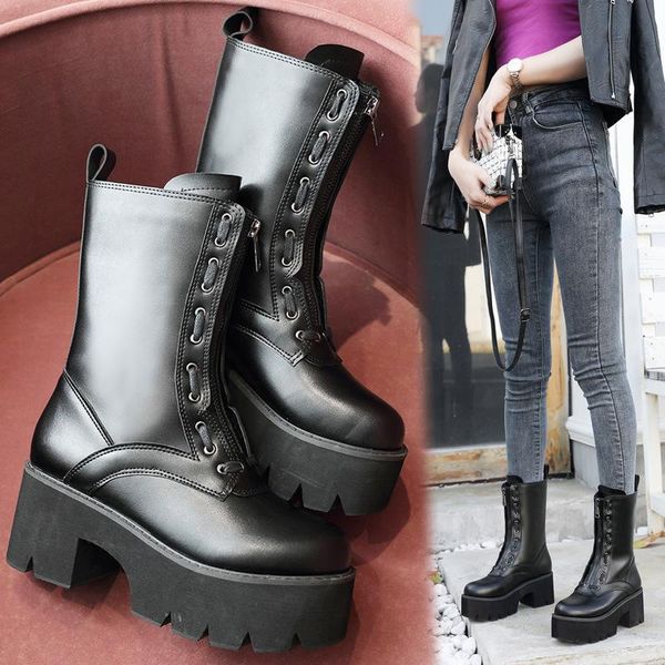 

boots white mid-calf booties woman 2021 low heel round toe shoes luxury designer boots-women winter footwear short lolita, Black