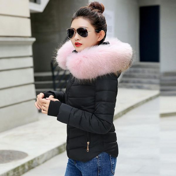 

women's down & parkas jacket long solid slim parka mujerkorean style plus size hooded fur collar thick outwear winter coat, Black
