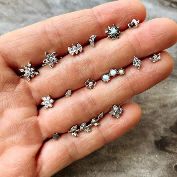 

stud 7 pairs vintage bohemian mix design little crystal piercing earring for women leaf moon sun snowflake ear studs cuff set, Golden;silver