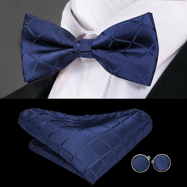 

hi-tie blue bow ties for men 100% silk butterfly pre-tied bow tie pocket square cufflinks set wedding party plaid paisley bowtie, Black;gray