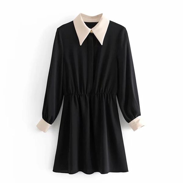 

2021 new contrast black mini women vintage long puff sleeve short dress woman elastic waist office ladies elegant dresses 9sy2, Black;gray