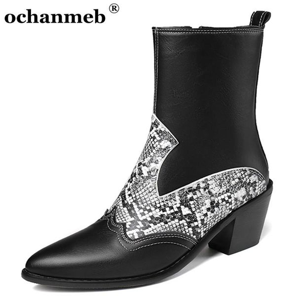 

handmade pu leather western boots women big plus size 46 zipper chunky heels cowboy boots woman ladies snake print shoes female, Black