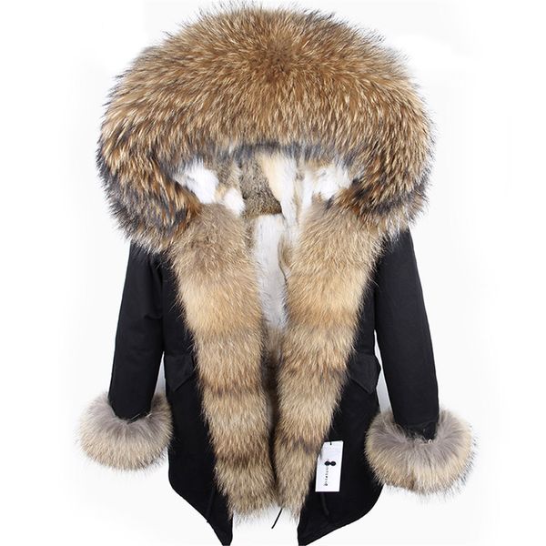

2020 new winter woman coat parkas jacket large raccoon fur collar hooded detachable rex rabbit fur lining brand style brandx1019, Black