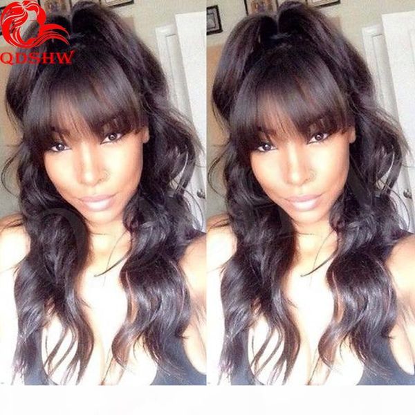 

full lace human hair wigs bangs pre plucked glueless body wave virgin brazilian human hair lace front wigs with bangs for black women, Black;brown