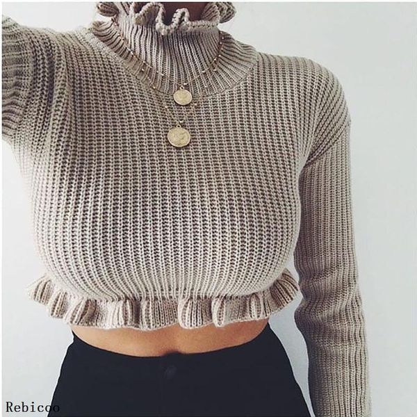 

autumn winter new women solid knit pullovers sleeve o-neck sueter mujer ruffles korean female sweater, White;black