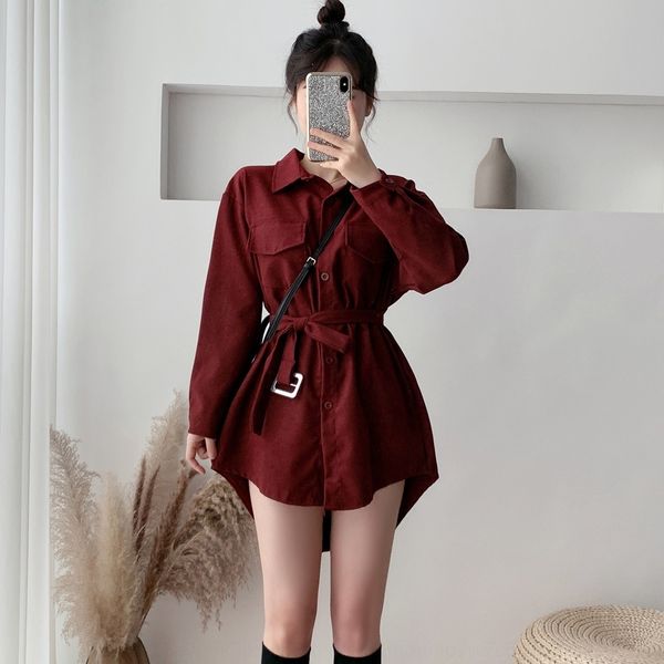 

8ddqe 2020 dress single-breasted liw9m polo collar spring women's corduroy loose medium-length dress belt wick, Black;gray