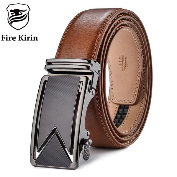 

belts fire kirin men belt 2021 cowhide genuine leather for luxury automatic buckle brown black cinturones hombre b55, Black;brown