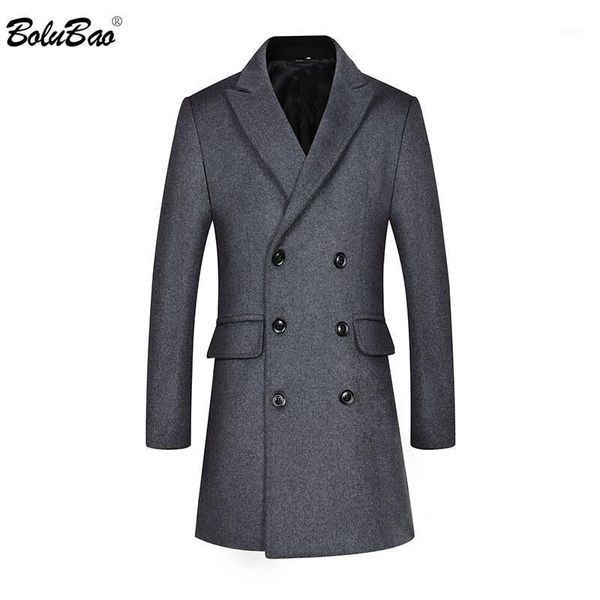 

bolubao brand men wool blend coat men smart casual double breasted long wool windbreaker solid color blend coats male1, Black