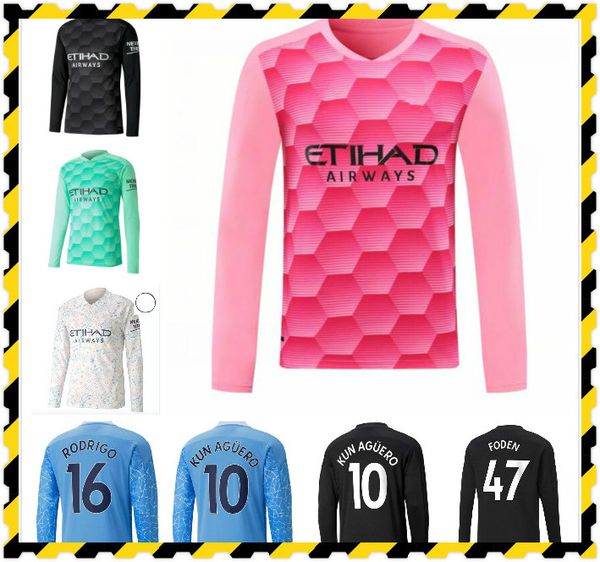 

long sleeve foden stones soccer jerseys 2020 2021 kun aguero de bruyne bernardo mahrez aké ferran ederson m men kit uniforms, Black;yellow