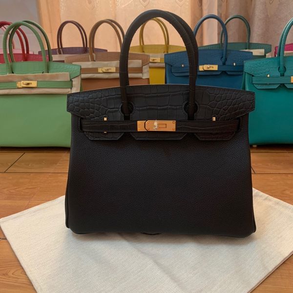 

whosale half handmade calf skin with crocodile grain+togol leather design handbag30cm,wax stitching,black green color,fast delivery