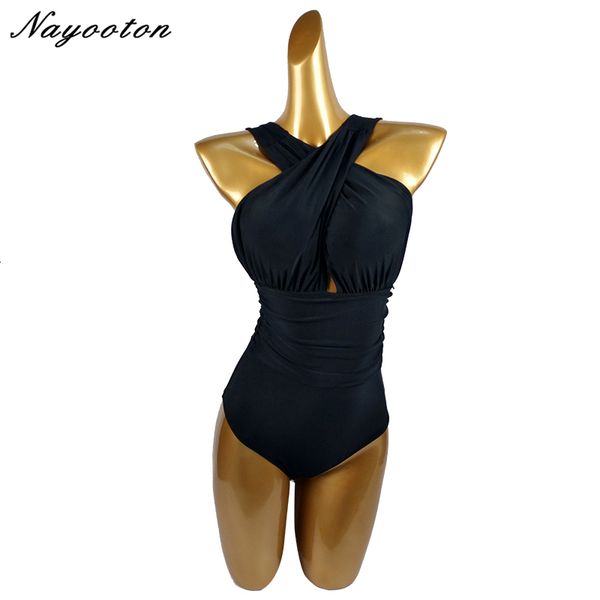 

summer new plus size s-4xl monokini 2019 cross halter women swimwear one piece swimsuit print and solid women bathing suit, Black