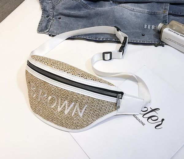 

beach waist bags women pu&straw patchwork letter printing fanny packs portable phone cross body bags