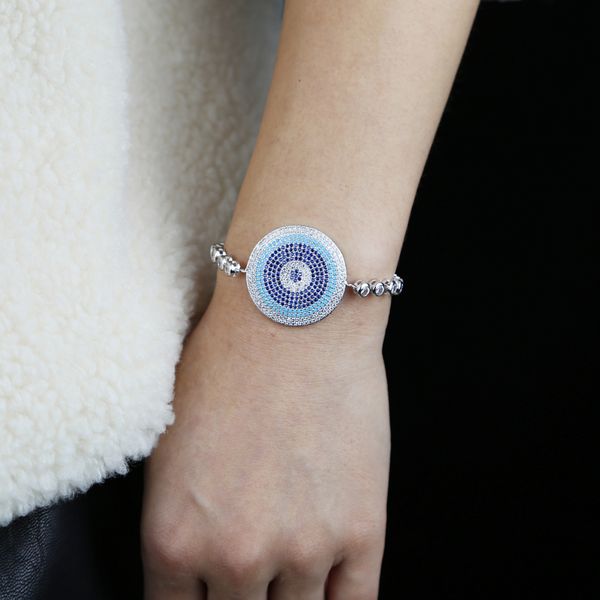 

wholesale large round evil eye bracelet bangles with colorful blue cz paved women tennis chain bracelet for women wedding jewelry, Golden;silver