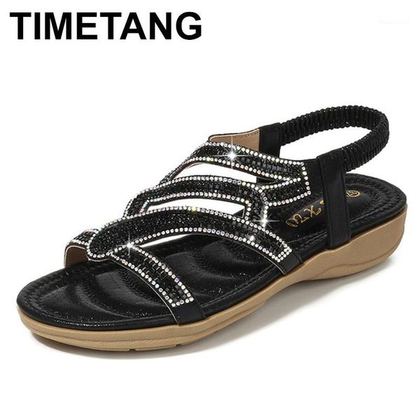 

timetang bohemia summer women sandals ladies crystal flat heels sandals diamante sparkly bling beach peep toe casual shoes1, Black