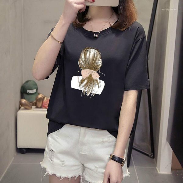 

women's t-shirt 2021 large size women's summer casual fashion loose printed cotton short-sleeved female cute shirt1, White