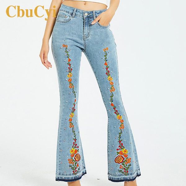 

spring women flare jeans pants mid waist plus size wide leg pants womens embroidery beading flare bleached cotton jeans, Blue