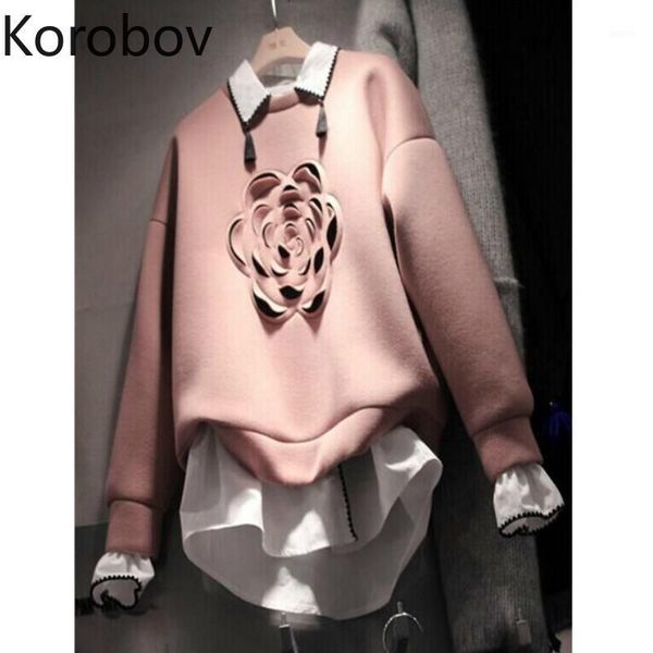 

korobov korean turn-down collar women sweatshirts harajuku flower appliques patchwork female hoodies streetwear new 780921, Black